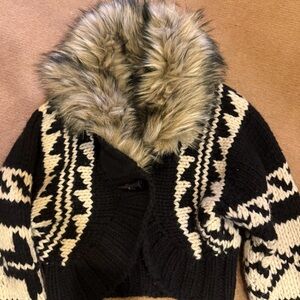 Black and Cream little girls Sweater with Faux Fur Collar